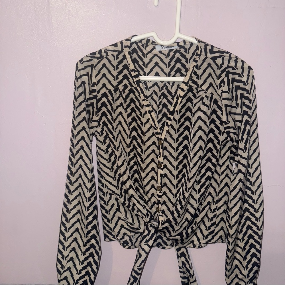 Xtaren Tie Front Blouse with Notched Collar